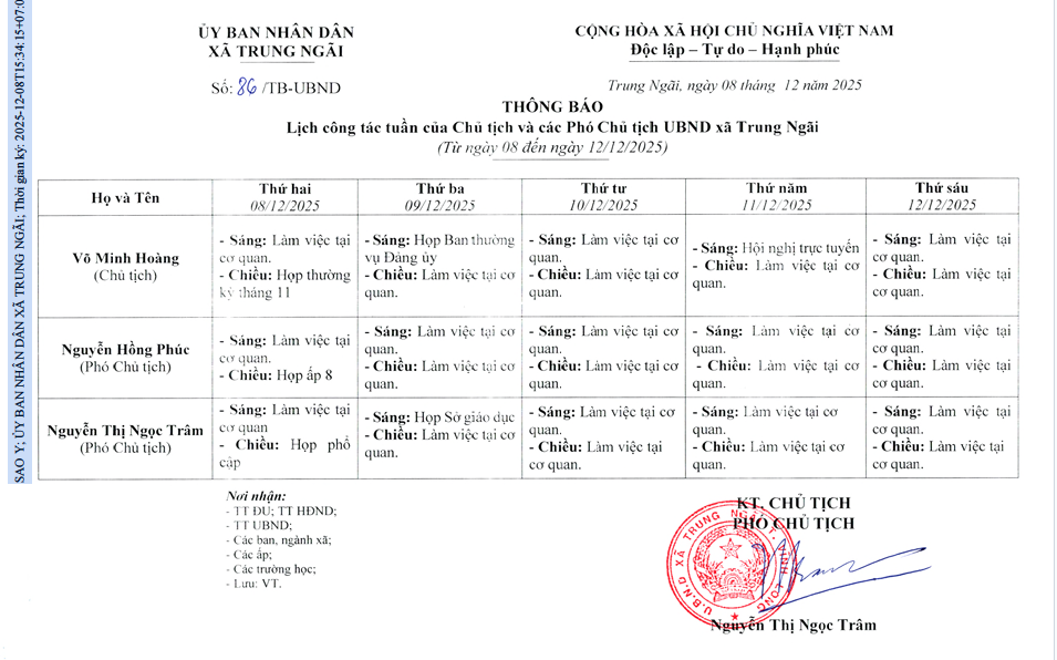 Lịch công tác tuần của Chủ tịch và các Phó Chủ tịch UBND xã Trung Ngãi (từ ngày 08 đến ngày 12/12/2025)