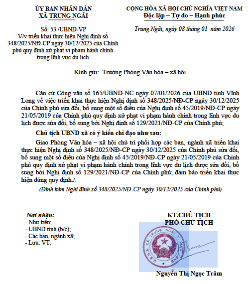 UBND xã Trung Ngãi triển khai thực hiện Nghị định số 348/2025/NĐ-CP ngày 30/12/2025 của Chính phủ quy định xử phạt vi phạm hành chính trong lĩnh vực du lịch.