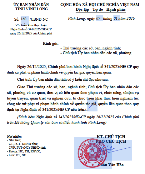 UBND xã Trung Ngãi thực hiện Công văn số: 160/UBND-NC ngày 07/01/2026 của UBND tỉnh Vĩnh Long về việc triển khai thực hiện Nghị định số 341/2025/NĐ-CP ngày 26/12/2025 của Chính phủ