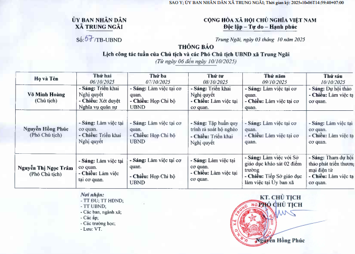 Lịch công tác tuần của Chủ tịch và các Phó Chủ tịch UBND xã Trung Ngãi (từ ngày 06 đến 10/10/2025)