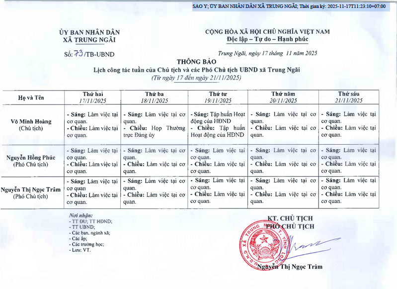 Lịch công tác của Chủ tịch và các Phó Chủ tịch UBND xã Trung Ngãi (từ ngày 17 đến ngày 21 tháng 11 năm 2025).