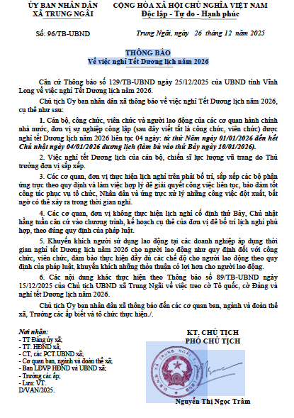 UBND xã Trung Ngãi thông báo về việc nghỉ Tết Dương lịch năm 2026 