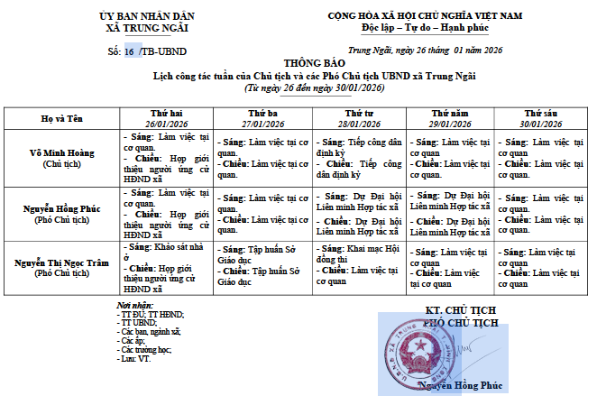 Lịch công tác tuần của Chủ tịch và các Phó Chủ tịch UBND xã Trung Ngãi (Từ ngày 26 đến ngày 30/01/2026)