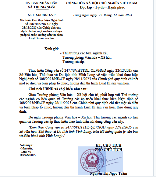 Số:1164/UBND-VP ngày  22  tháng  12  năm 2025  V/v triển khai thực hiện Nghị định số 308/2025/NĐ-CP ngày 28/11/2025 của Chính phủ quy định chi tiết một số điều và biện pháp tổ chức, hướng dẫn thi hành Luật Di sản văn hóa