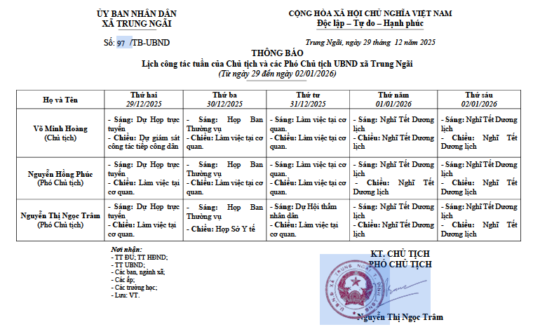 Lịch công tác tuần của Chủ tịch và các Phó Chủ tịch UBND xã Trung Ngãi (Từ ngày 29 đến ngày 02/01/2026)