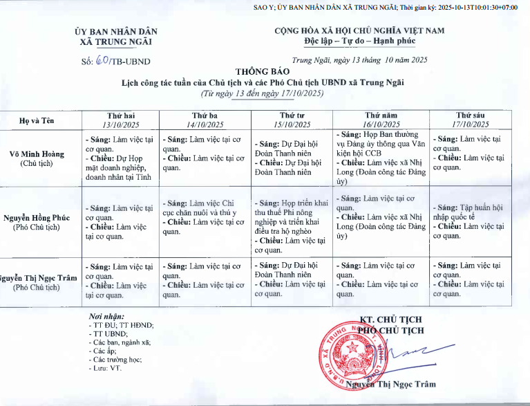 Lịch công tác tuần của Chủ tịch và các Phó Chủ tịch UBND xã Trung Ngãi (Từ ngày 13 đến ngày 17 tháng 10 năm 2025)