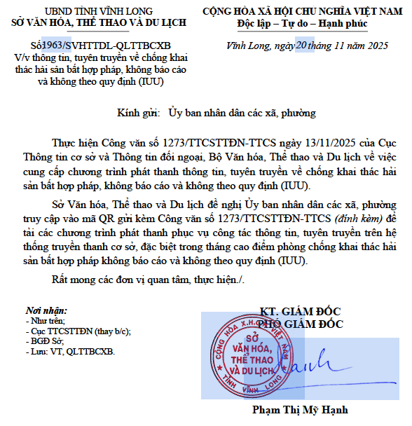 Số:1963/SVHTTDL-QLTTBCXB Thông tin tuyên truyền về chống khai thác hải sản bất hợp pháp, không báo cáo và không theo quy định (IUU). 