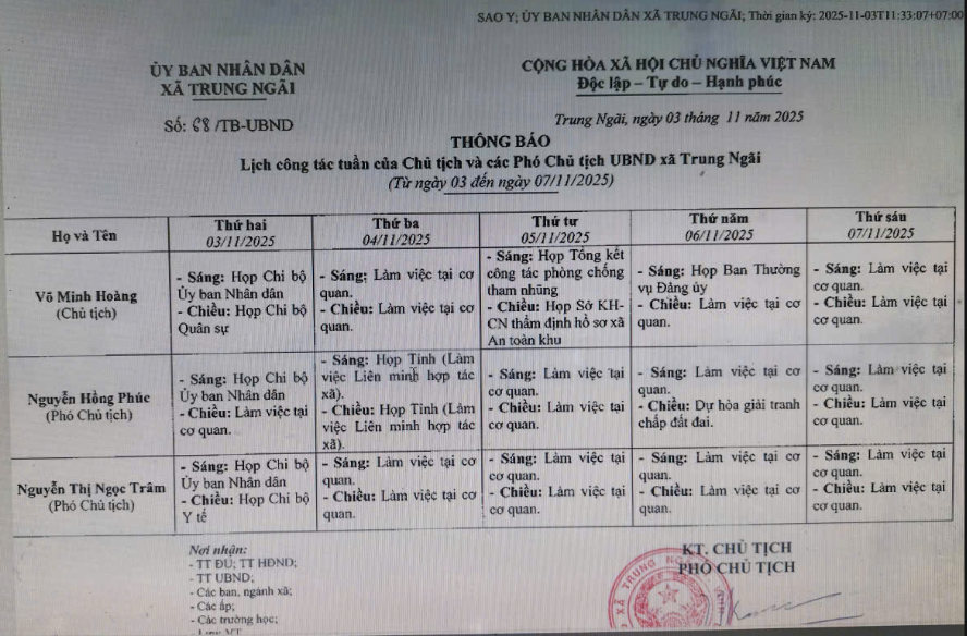 Lịch công tác tuần của Chủ tịch và các Phó Chủ tịch UBND xã Trung Ngãi từ ngày 03 đến ngày 07/11/2025.
