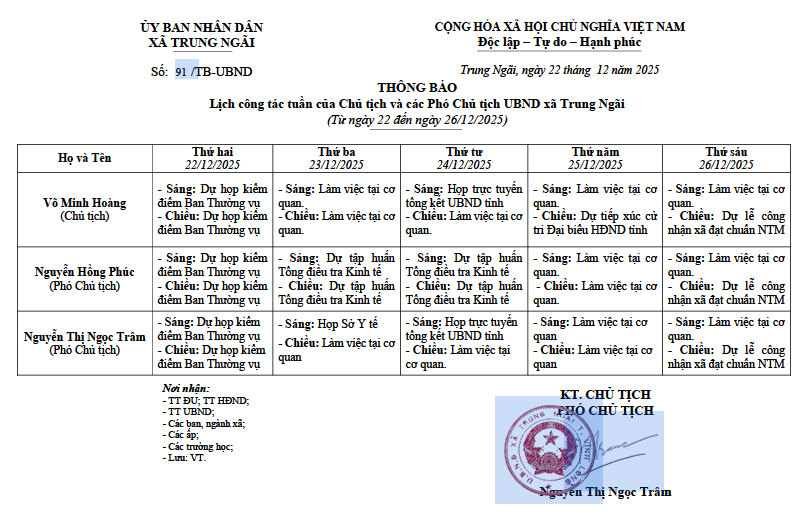 Lịch công tác tuần của Chủ tịch và các Phó Chủ tịch UBND xã Trung Ngãi (Từ ngày 22 đến ngày 26/12/2025)