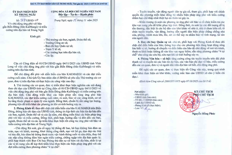 Công văn số: 507 ngày 05/11/2025 của UBND xã Trung Ngãi về việc chủ động ứng phó với bão gần Biển Đông (Bão KALMAEGI) và triều cường trên địa bàn xã Trung Ngãi. Kèm theo công điện số: 01/CĐ-UBND ngày 04/11/2025 của UBND tỉnh Vĩnh Long