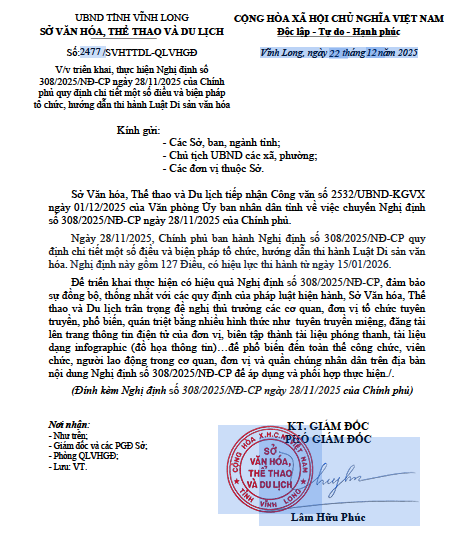 V/v triển khai, thực hiện Nghị định số 308/2025/NĐ-CP ngày 28/11/2025 của Chính phủ quy định chi tiết một số điều và biện pháp tổ chức, hướng dẫn thi hành Luật Di sản văn hóa.