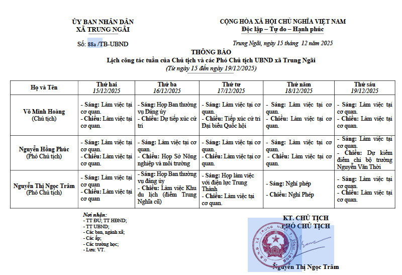Lịch công tác tuần của Chủ tịch và các Phó Chủ tịch UBND xã Trung Ngãi (Từ ngày 15 đến ngày 19/12/2025)