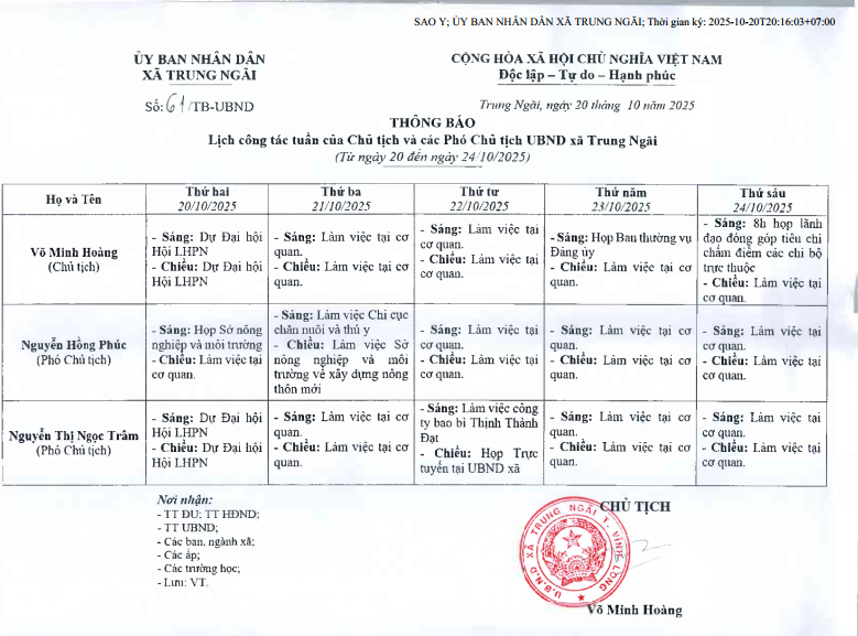 Lịch công tác tuần của Chủ tịch và các Phó Chủ tịch UBND xã Trung Ngãi (Từ ngày 20 đến ngày 24/10/2025)
