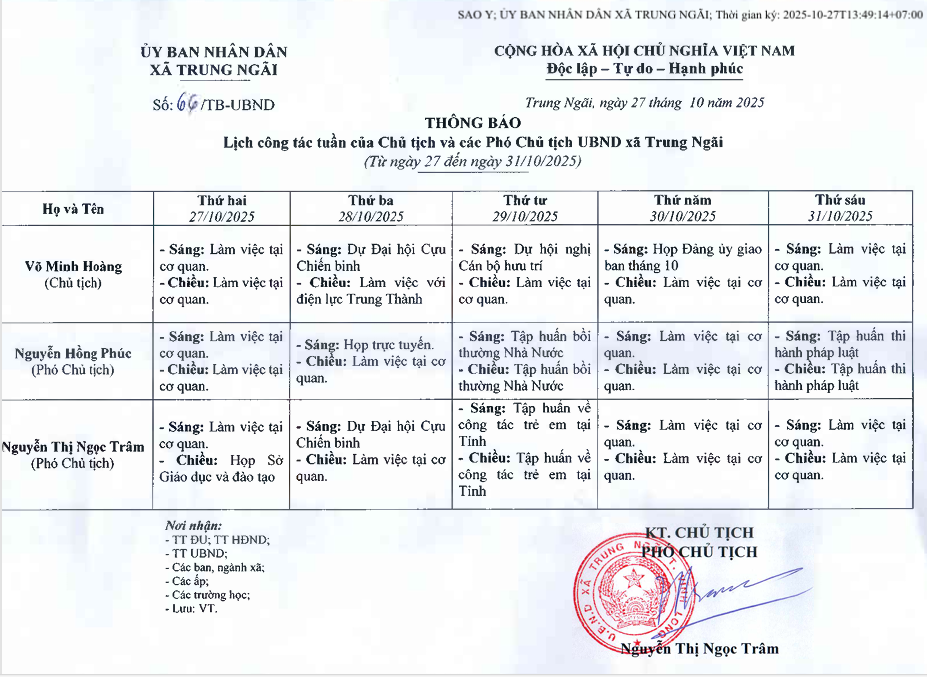 Lịch công tác tuần của Chủ tịch và các Phó Chủ tịch UBND xã Trung Ngãi (Từ ngày 27 đến ngày 31 tháng 10 năm 2025)