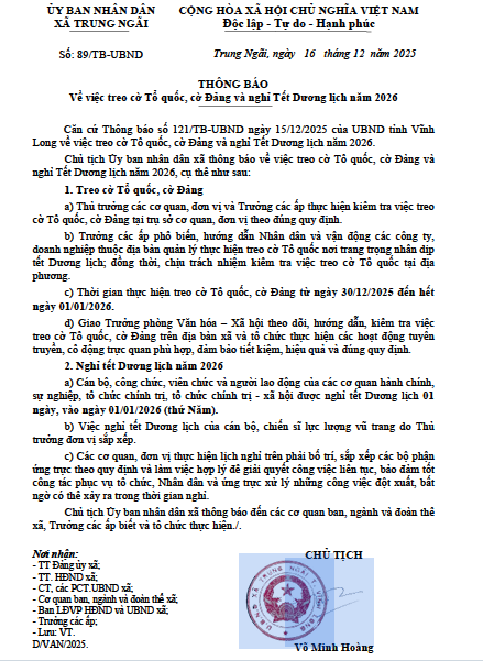 Thông báo: Về việc treo cờ Tổ quốc, cờ Đảng và nghỉ Tết Dương lịch năm 2026 