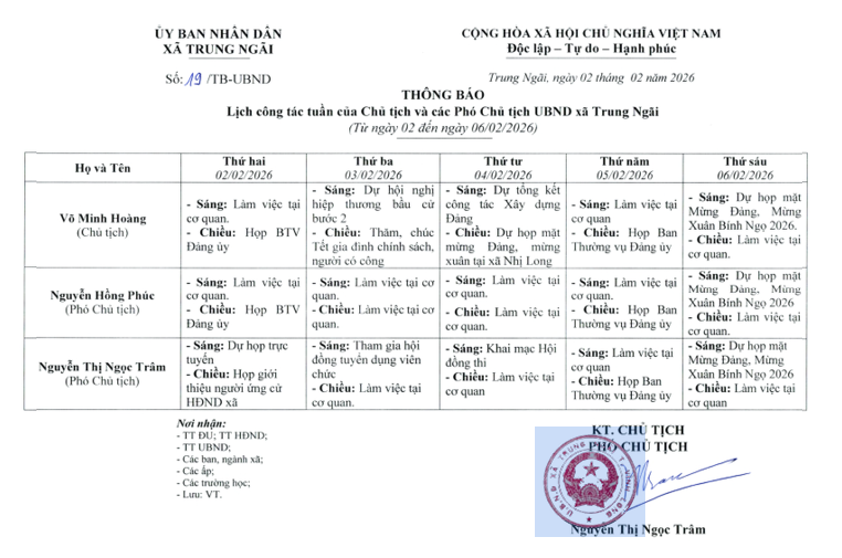 Lịch công tác tuần của Chủ tịch và các Phó Chủ tịch UBND xã Trung Ngãi (Từ ngày 02 đến ngày 06/02/2026)